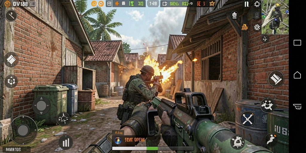 Tampilan gameplay menegangkan dari DV188 dengan aksi tembak-menembak yang intens.