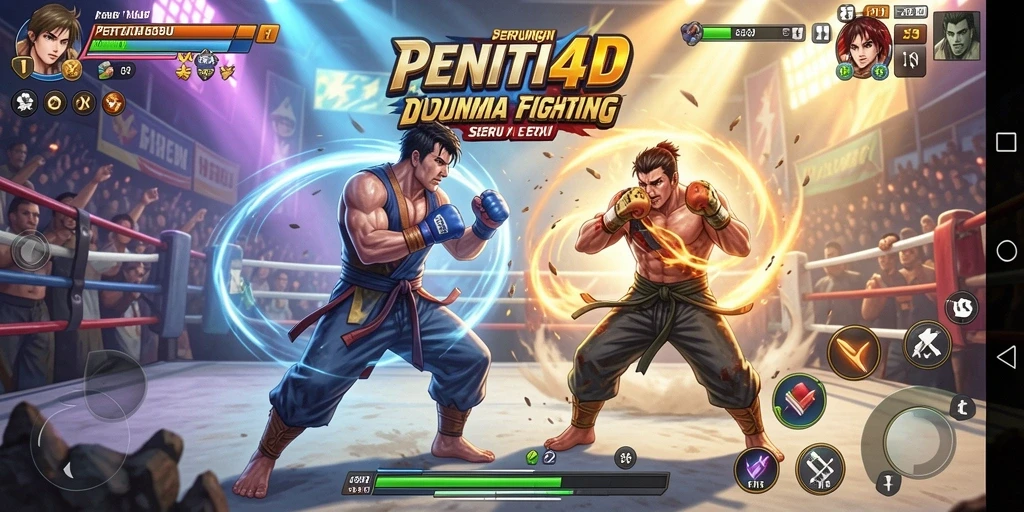 Screenshot PENITI4D yang menunjukkan pertarungan langsung antar karakter.