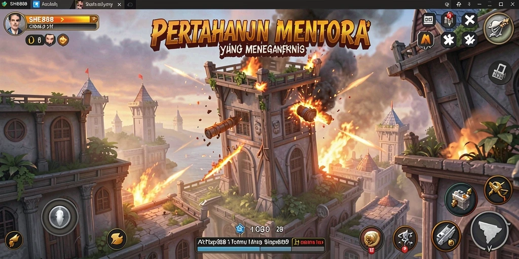 Tampilan seru dari gameplay Tower Defense dalam SHE888.
