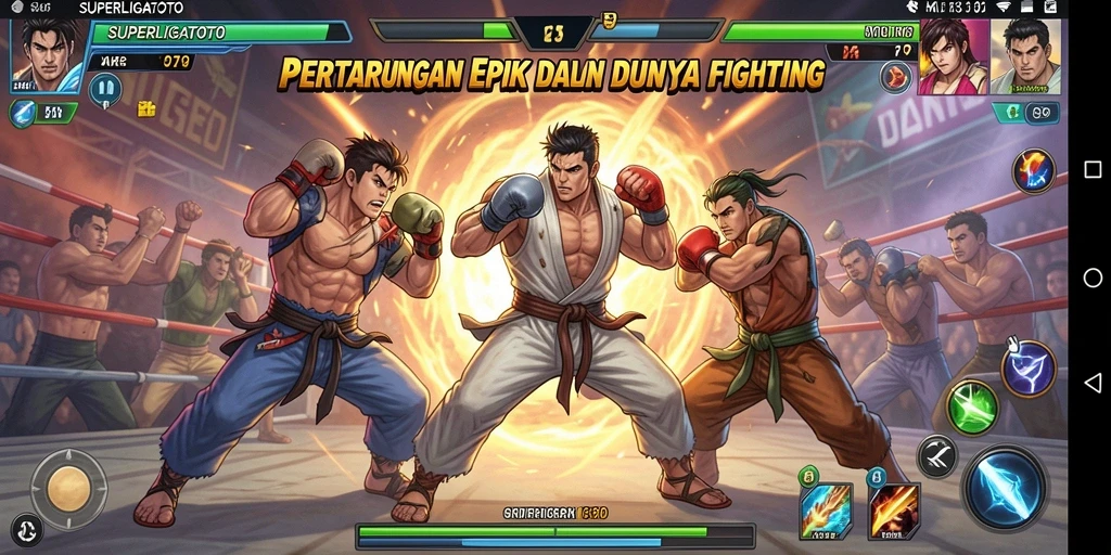 Screenshot SUPERLIGATOTO menampilkan aksi seru di arena Fighting.